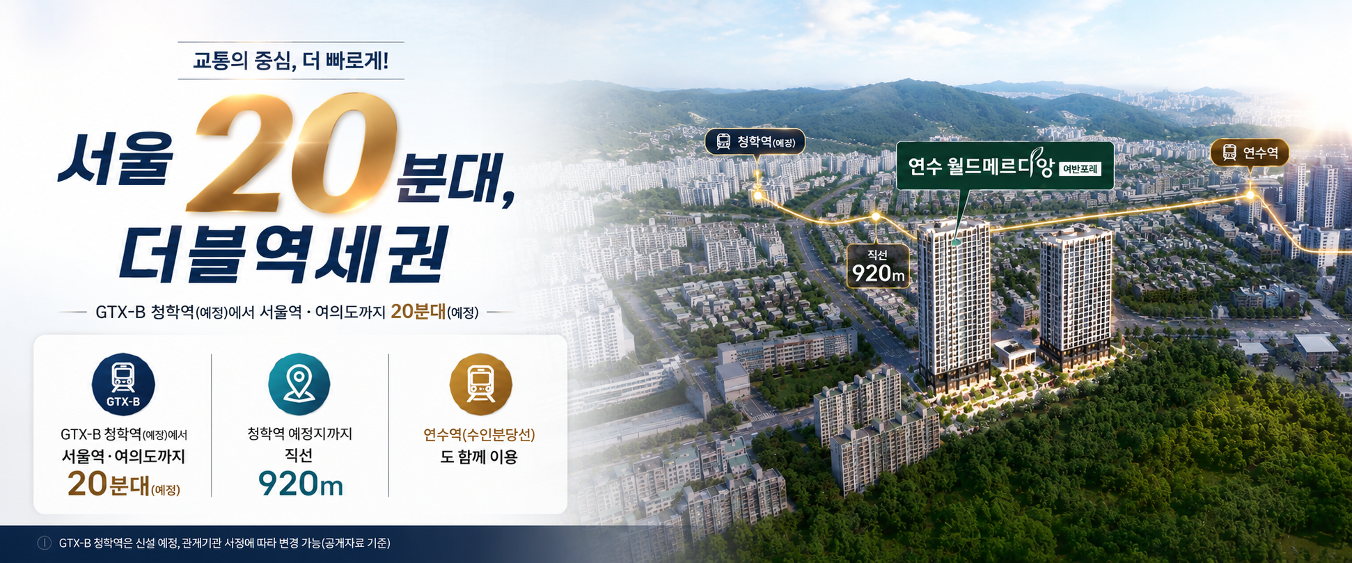 교통의 중심 — 서울 20분대 더블역세권, GTX-B 청학역(예정) 서울역·여의도 20분대(예정), 연수역 수인분당선 직선 920m. GTX-B 청학역은 신설 예정으로 관계기관 사정에 따라 변경될 수 있습니다