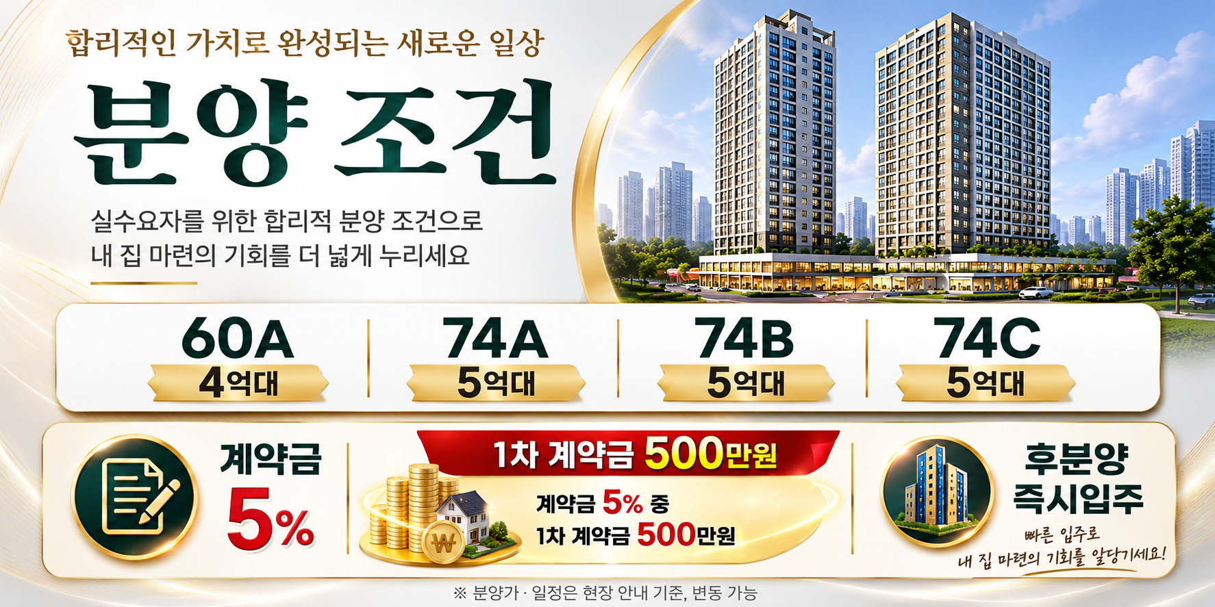분양 조건 — 60A 4억대, 74A·74B·74C 5억대, 계약금 5%, 중도금 100만원(정액), 후분양·즉시입주. 분양가·일정은 현장 안내 기준이며 변동될 수 있습니다